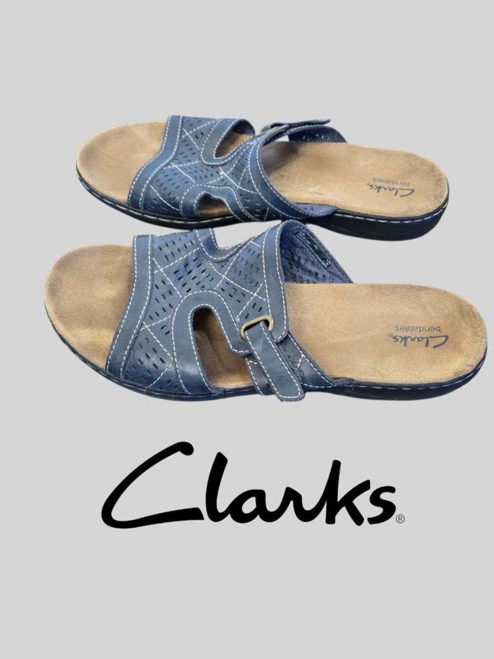Clarks Leather  Bendables Navy Blue Laser  Cut   Summer Sandals Womens 12M